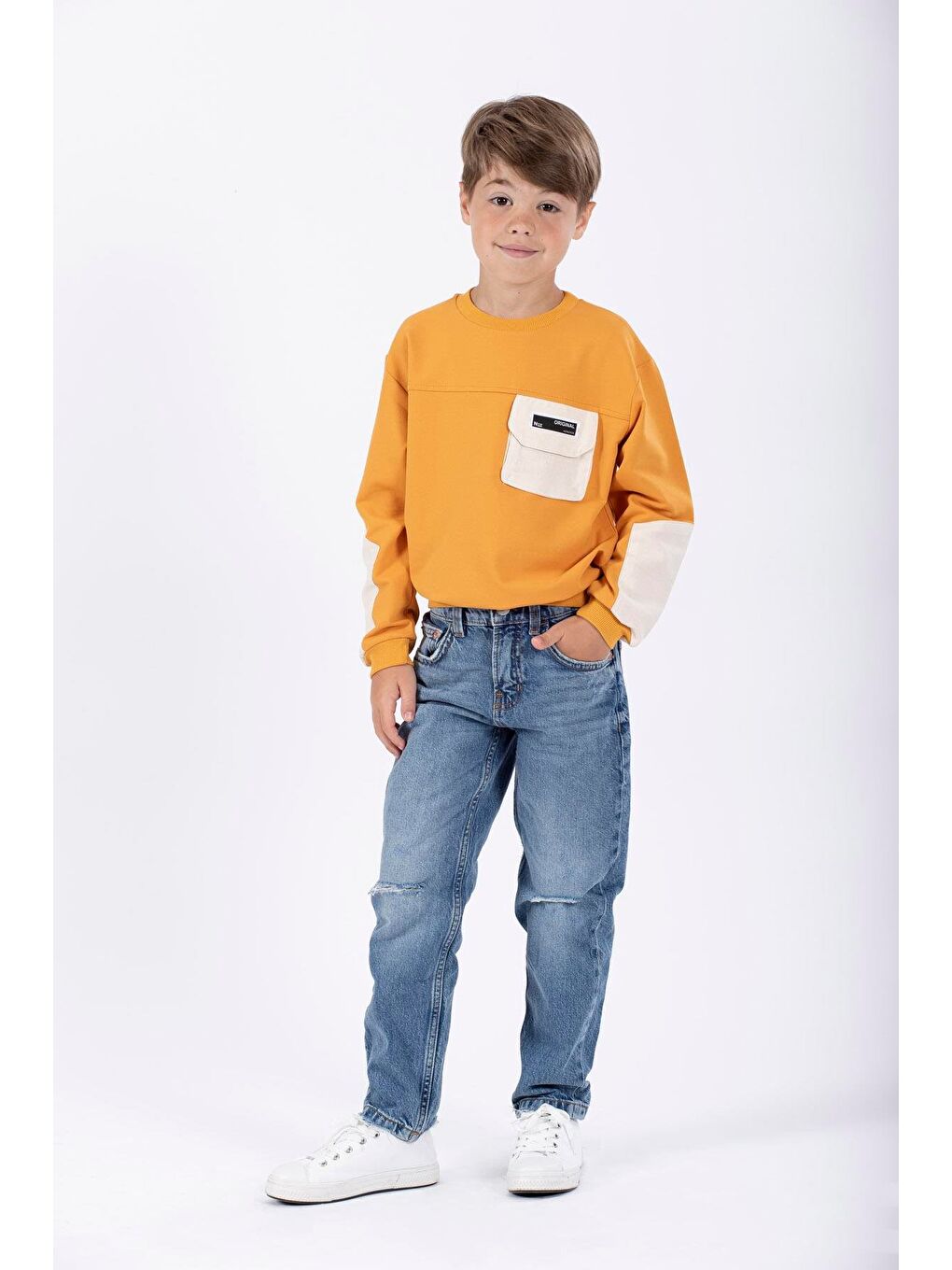 Sarı Bisiklet Yaka Erkek Çocuk Cep Detaylı Sweatshirt