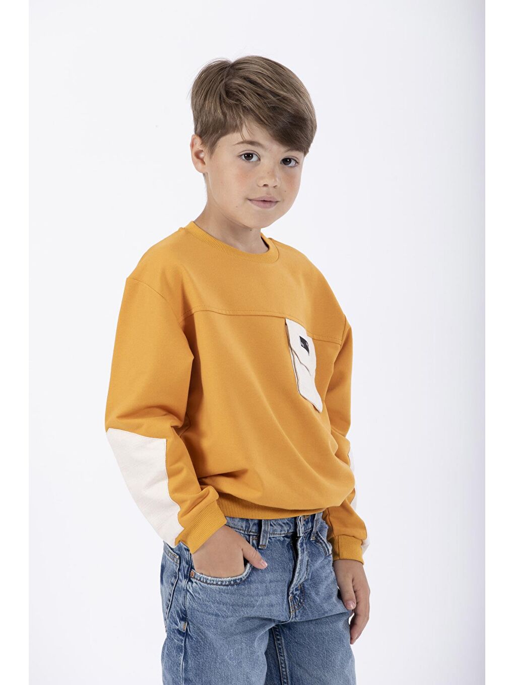 Sarı Bisiklet Yaka Erkek Çocuk Cep Detaylı Sweatshirt-1