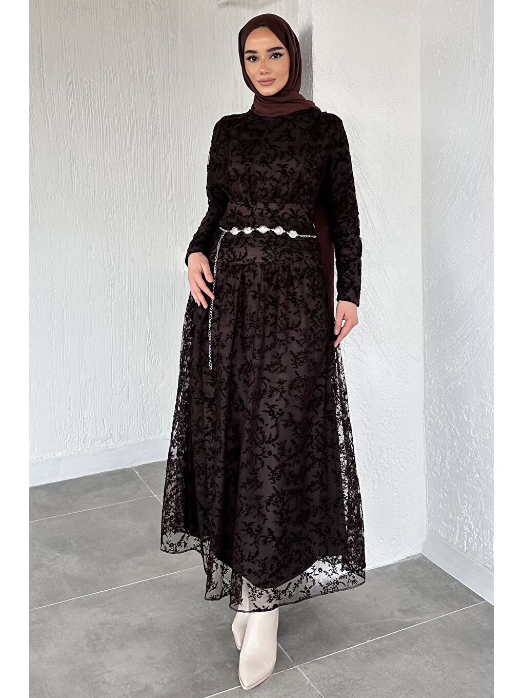 Kahverengi Kadın Astarlı Flok Baskılı Tesettür Elbise