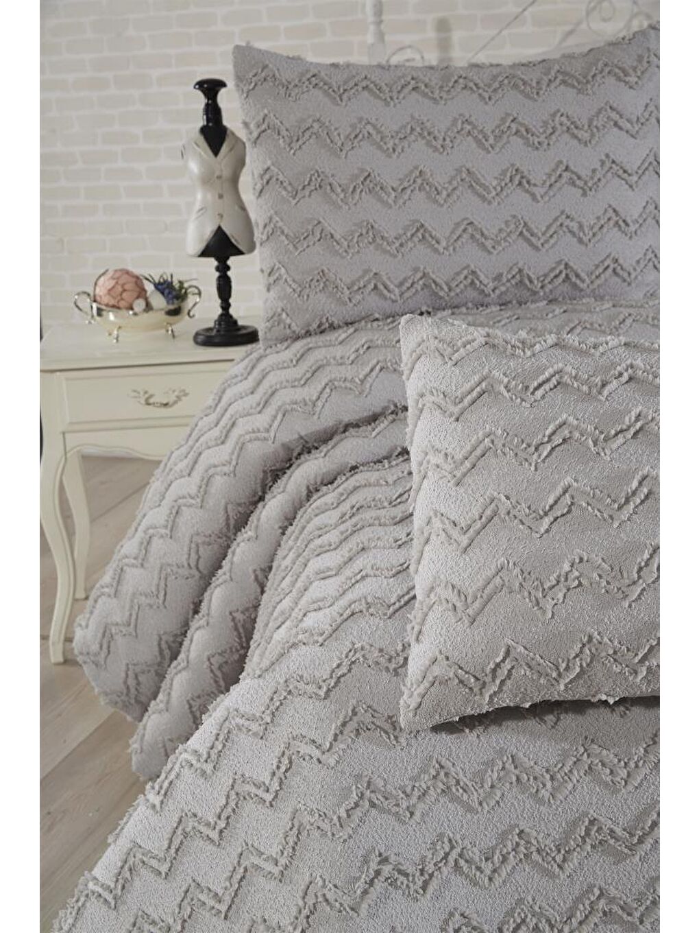 Lumpa 3 Parça Çift Kişilik Pike Takımı Gri-2