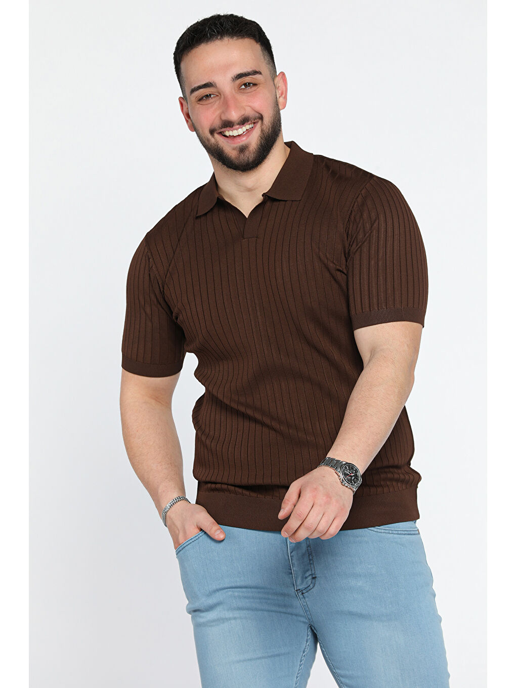 Kahverengi Erkek Polo Yaka Kendinden Çizgi Desenli Triko Tişört
