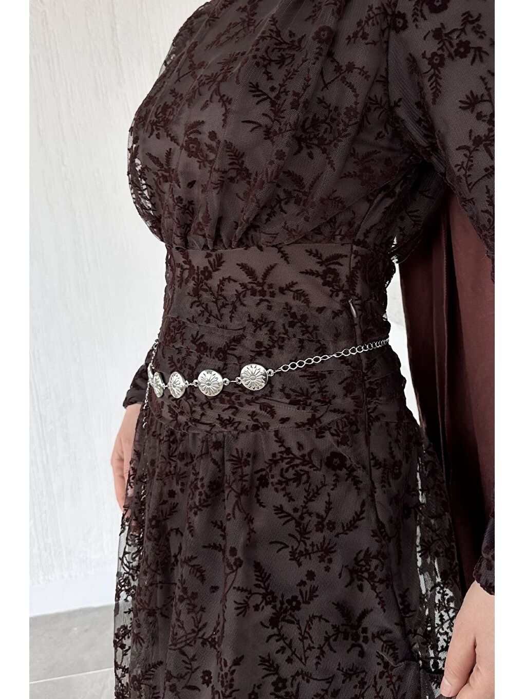 Kahverengi Kadın Astarlı Flok Baskılı Tesettür Elbise-9