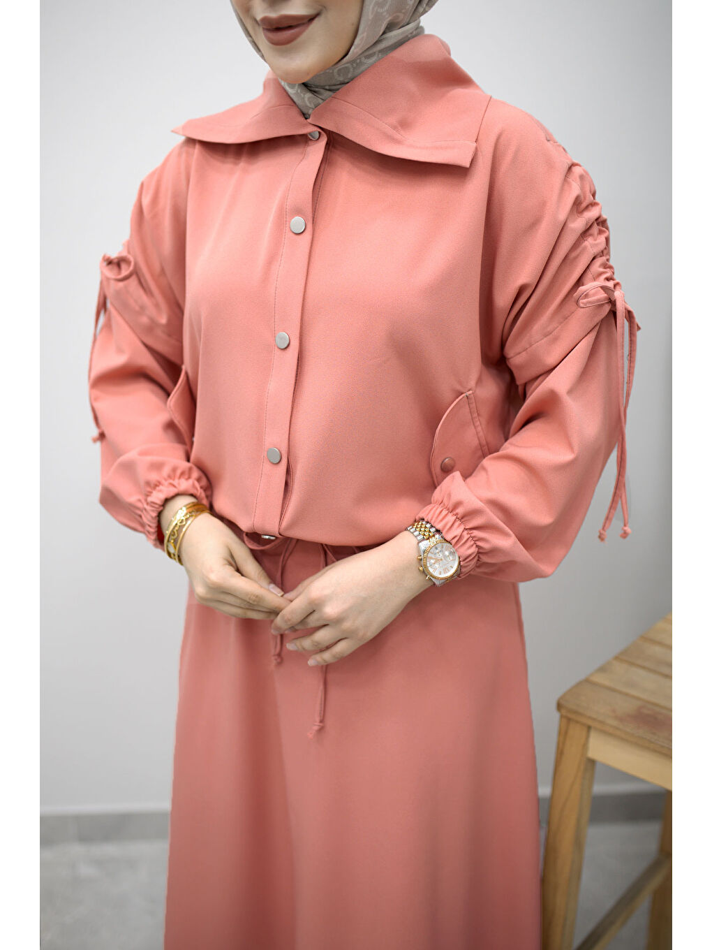 Pembe Kolu Büzgü Detaylı Etekli Takım TSD260210 Gül Kurusu-3