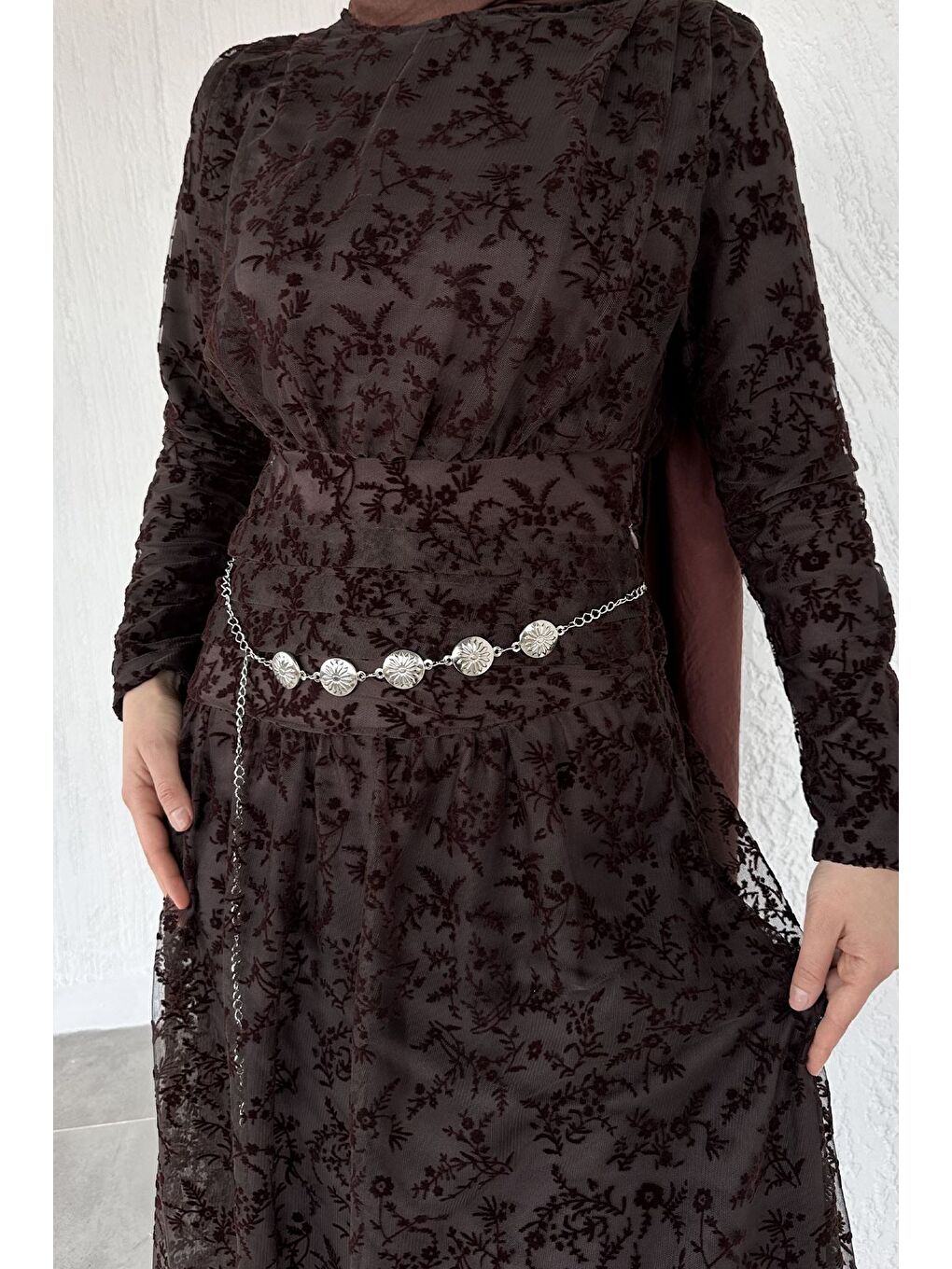 Kahverengi Kadın Astarlı Flok Baskılı Tesettür Elbise-10