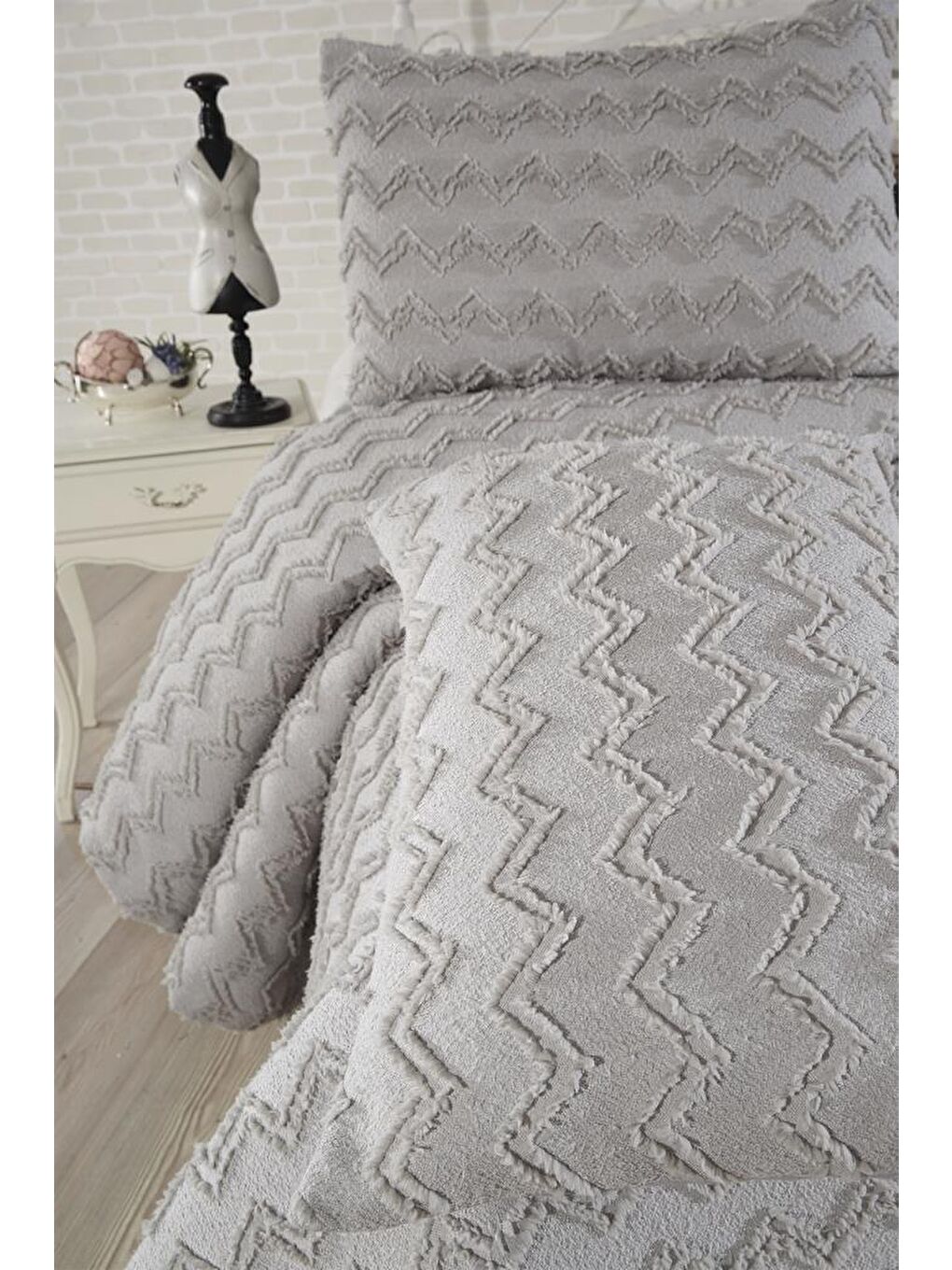 Lumpa 3 Parça Çift Kişilik Pike Takımı Gri-4