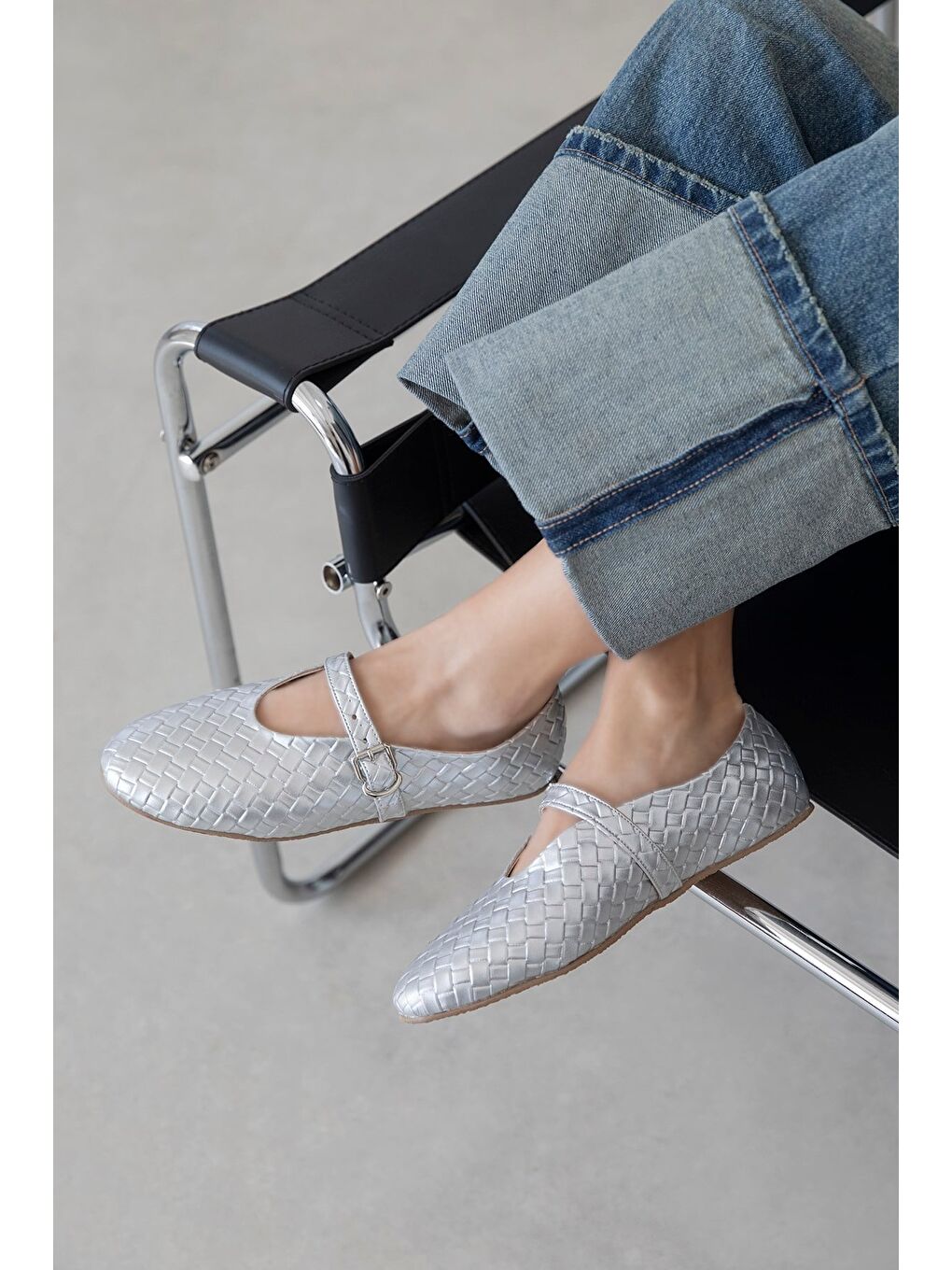 Gri Jun Kadın Örgü Detay Deri Babet Gümüş-1