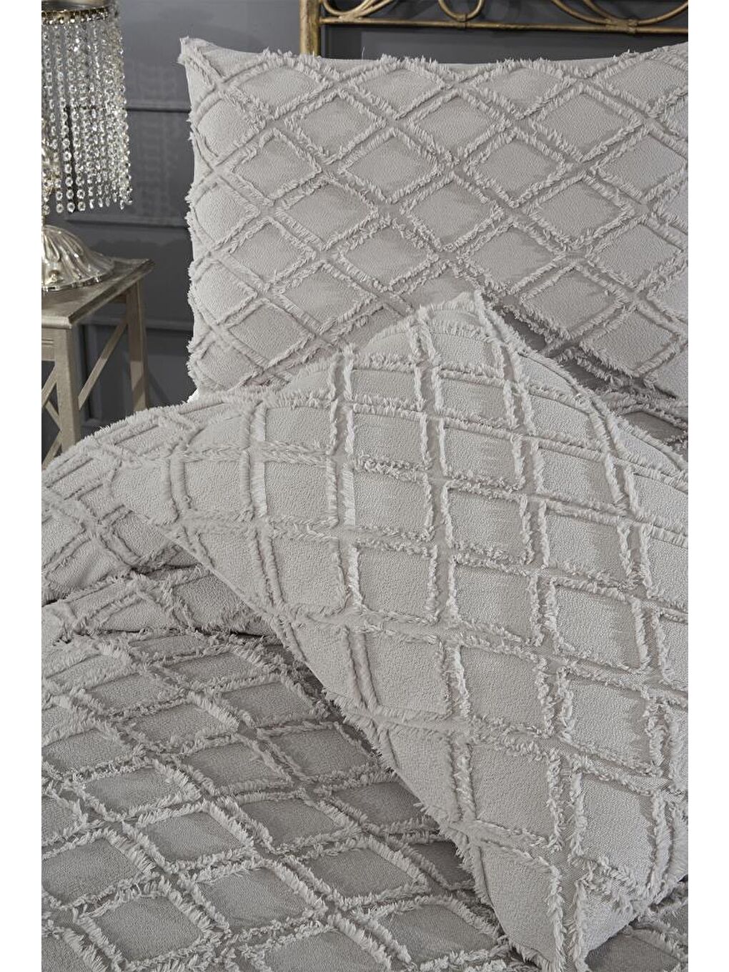 Vesya 3 Parça Çift Kişilik Pike Takımı Gri-4