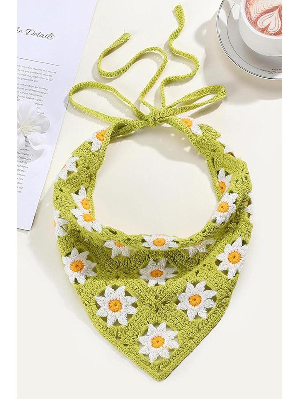 Yeşil Missori Papatya Desenli Tığ Örgüsü Bandana-Saç Bandı-4