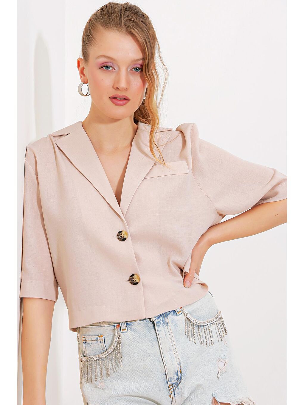 Bigdart Krem Kadın Krem Çift Düğmeli Oversize Crop Keten Görünümlü Ceket 0706 - 1