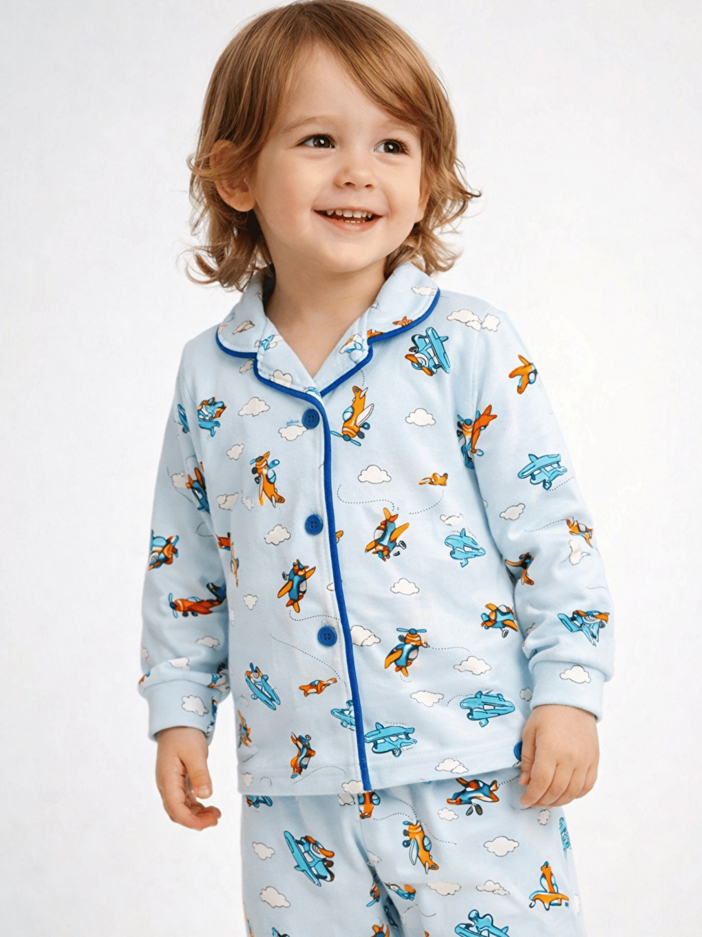 Mavi Uzay Desenli Düğmeli Erkek Bebek Pijama Takımı-1