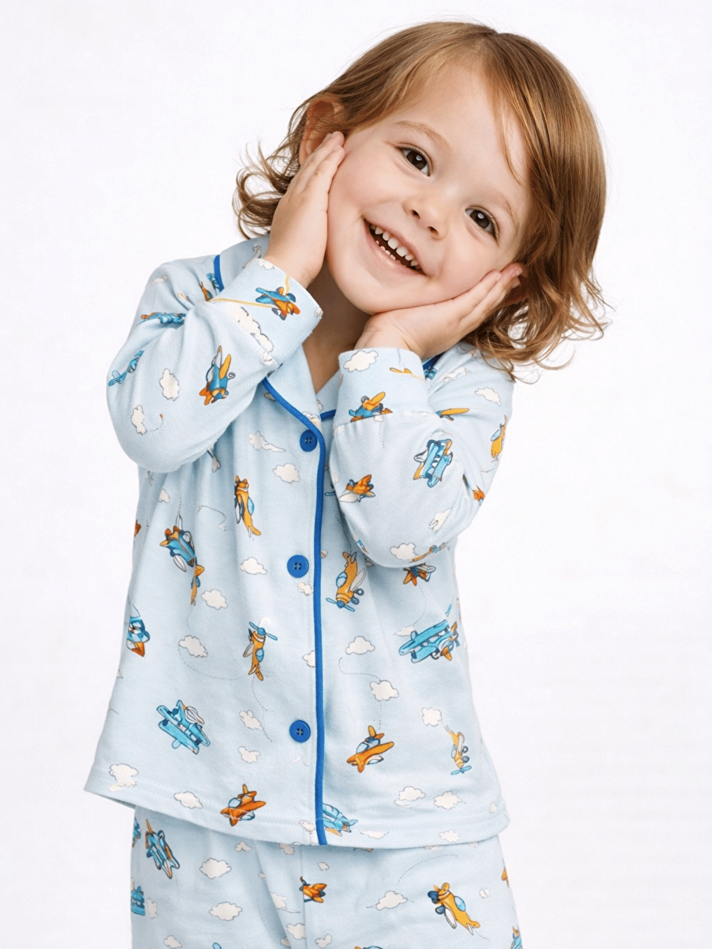 Mavi Uzay Desenli Düğmeli Erkek Bebek Pijama Takımı-2