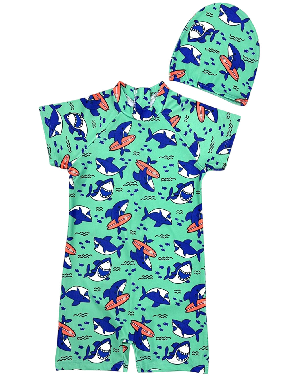 Turkuaz Boneli ,Pervaz Fermuarlı ,Güneş Korumalı Erkek Çocuk Tulum Mayo