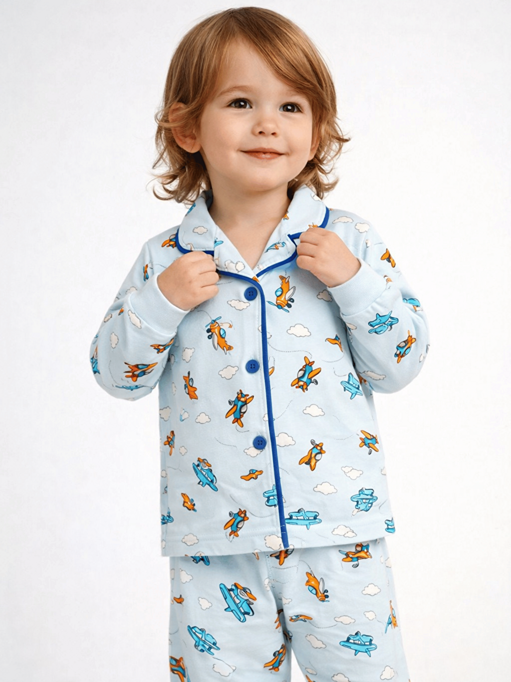 Mavi Uzay Desenli Düğmeli Erkek Bebek Pijama Takımı-3