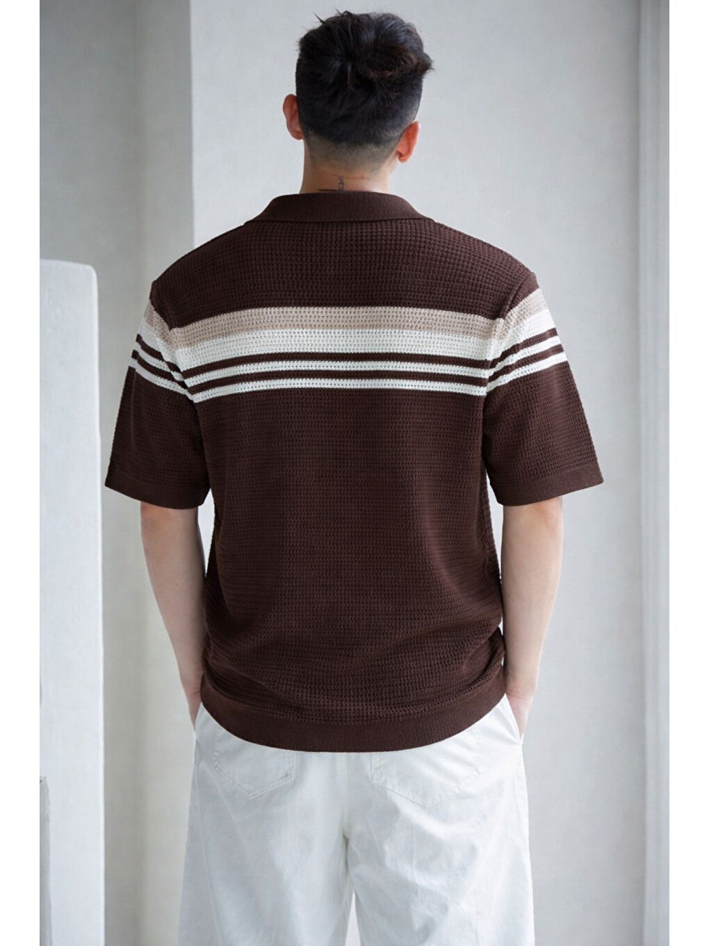 Kahverengi Çizgili Erkek Triko Gömlek Yaka Hırka Yazlık Rahat Kesim-2