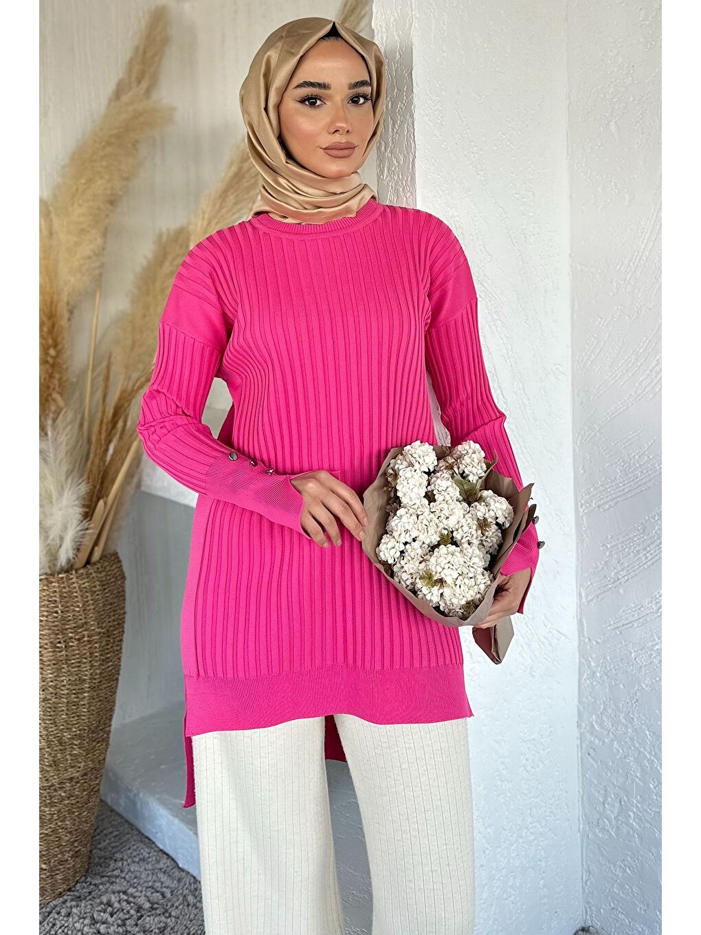 Fuşya Gülseli Bisiklet Yaka Tesettür Triko Tunik-3