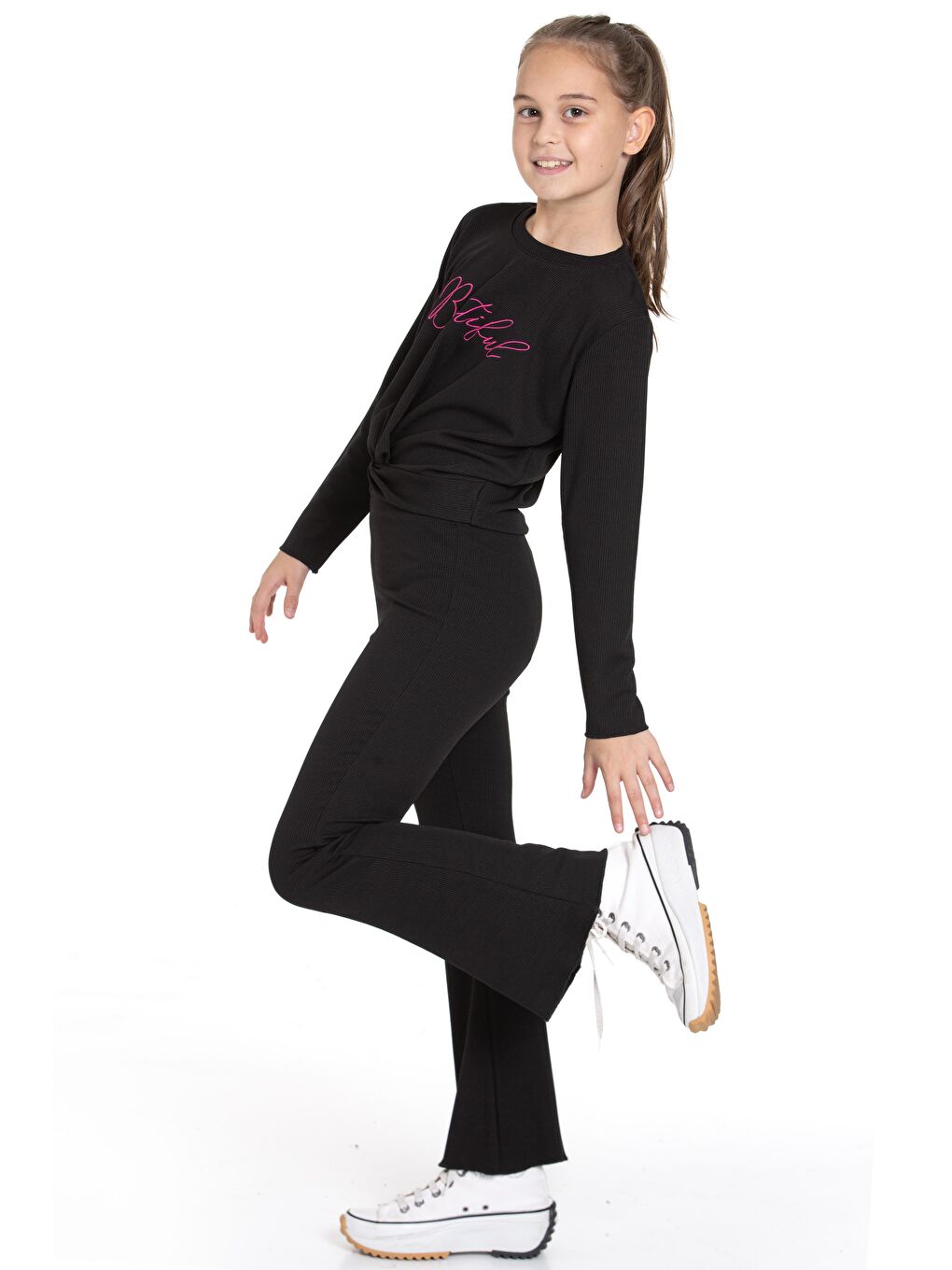 Siyah Bisiklet Yaka Baskılı Kız Çocuk Pantolon Takım-2