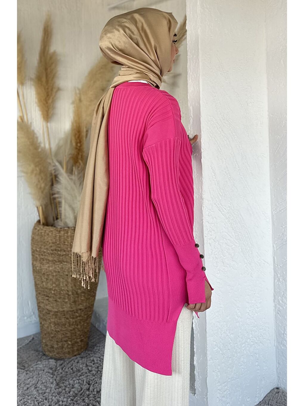 Fuşya Gülseli Bisiklet Yaka Tesettür Triko Tunik-5