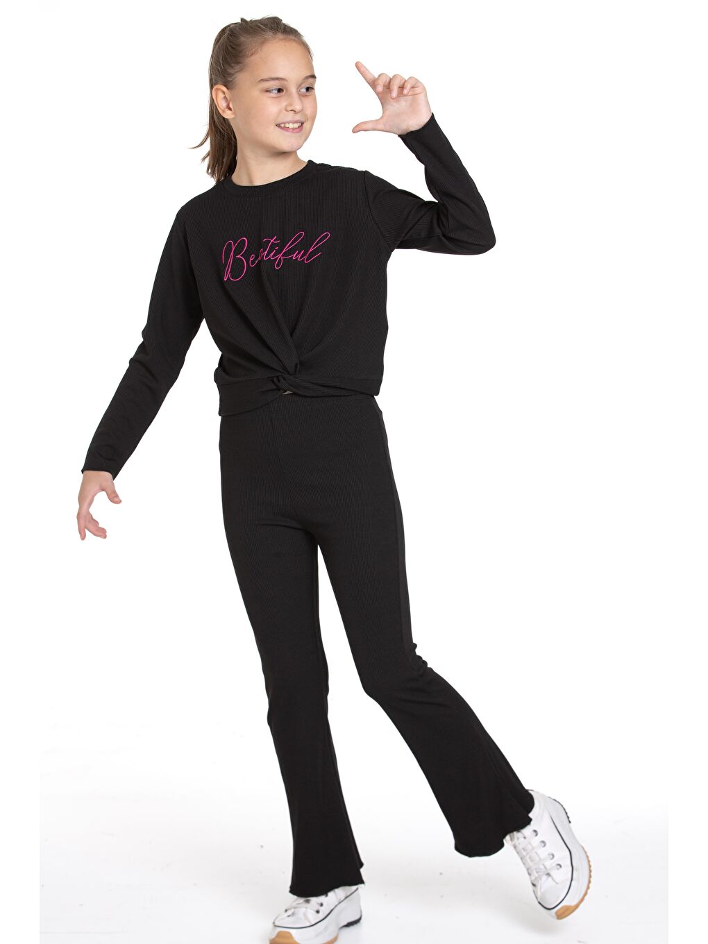 Siyah Bisiklet Yaka Baskılı Kız Çocuk Pantolon Takım-4