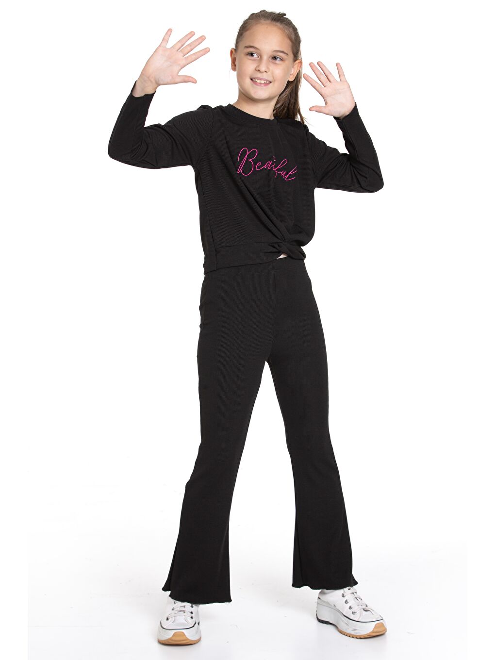 Siyah Bisiklet Yaka Baskılı Kız Çocuk Pantolon Takım-5