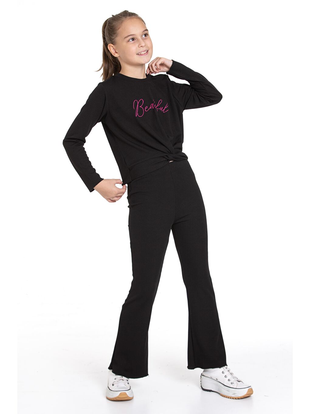 Siyah Bisiklet Yaka Baskılı Kız Çocuk Pantolon Takım-6