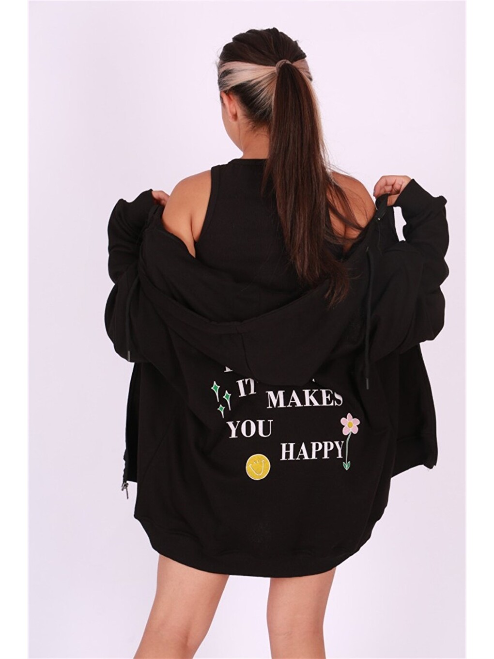 Siyah Kapüşonlu Sırt Baskılı Sweatshirt Mg1195-1