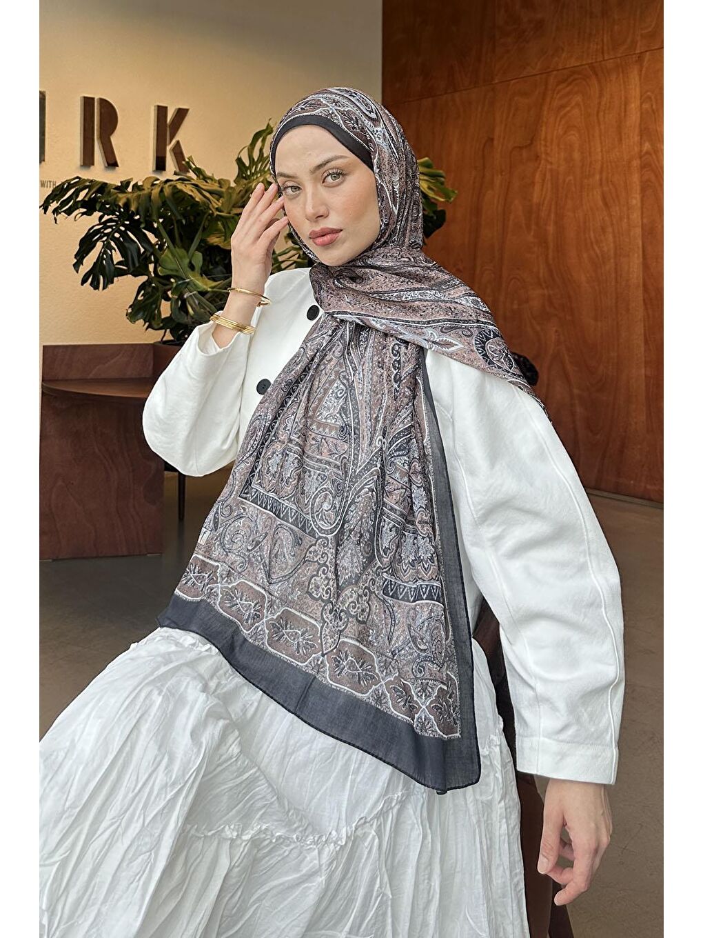 Kahverengi Retro Desen Pamuk Şal Soft Kahve-1