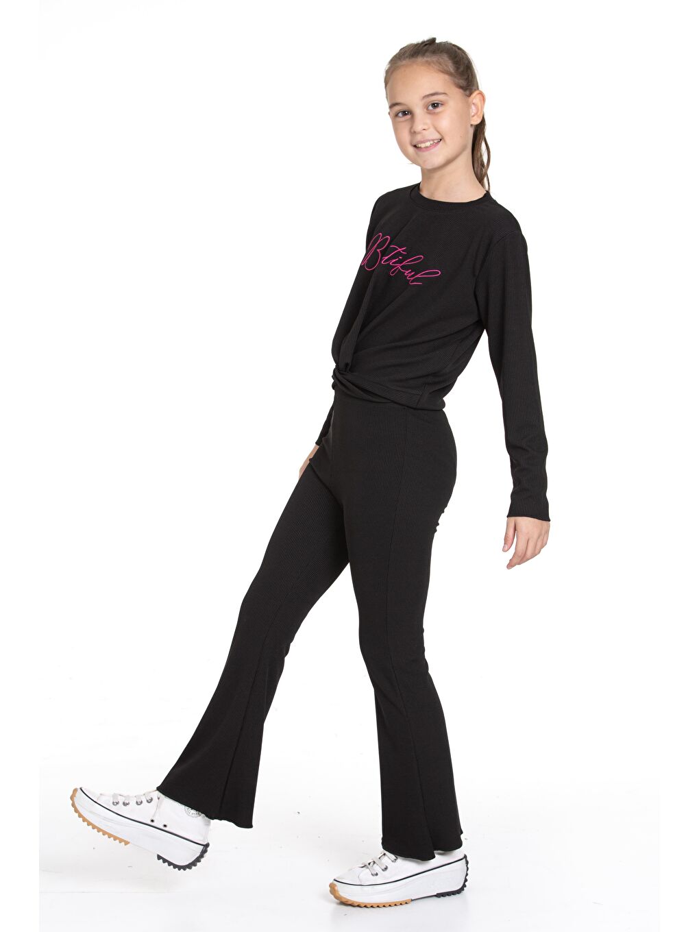 Siyah Bisiklet Yaka Baskılı Kız Çocuk Pantolon Takım-7
