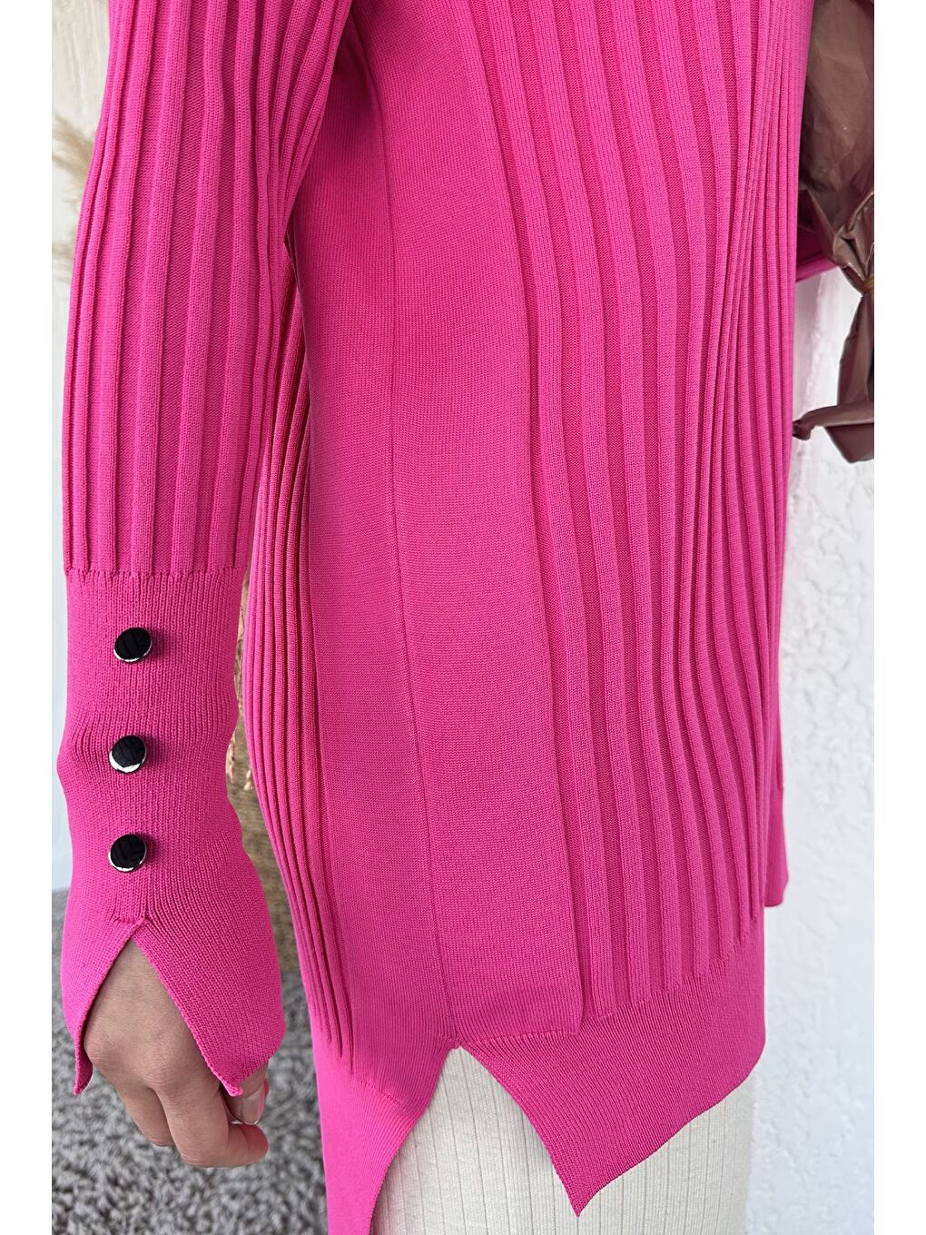 Fuşya Gülseli Bisiklet Yaka Tesettür Triko Tunik-7