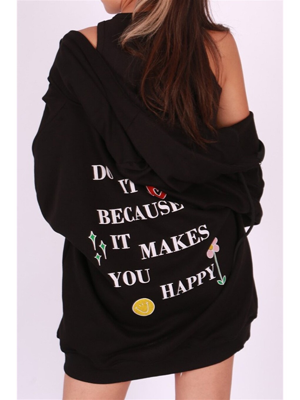 Siyah Kapüşonlu Sırt Baskılı Sweatshirt Mg1195-2