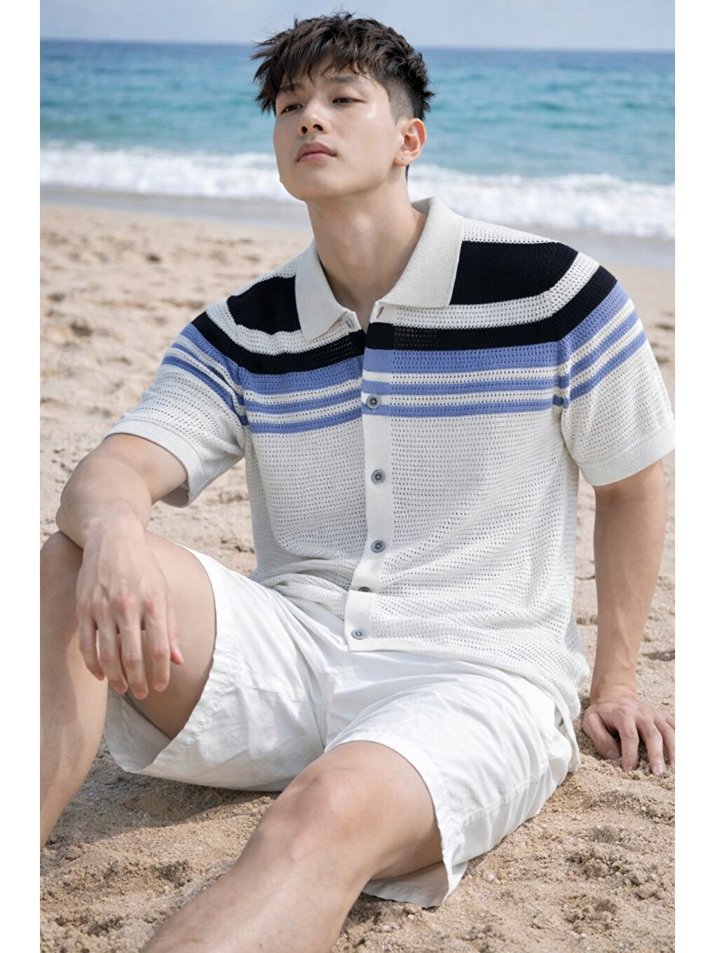 Beyaz Çizgili Erkek Triko Gömlek Yaka Hırka Yazlık Rahat Kesim