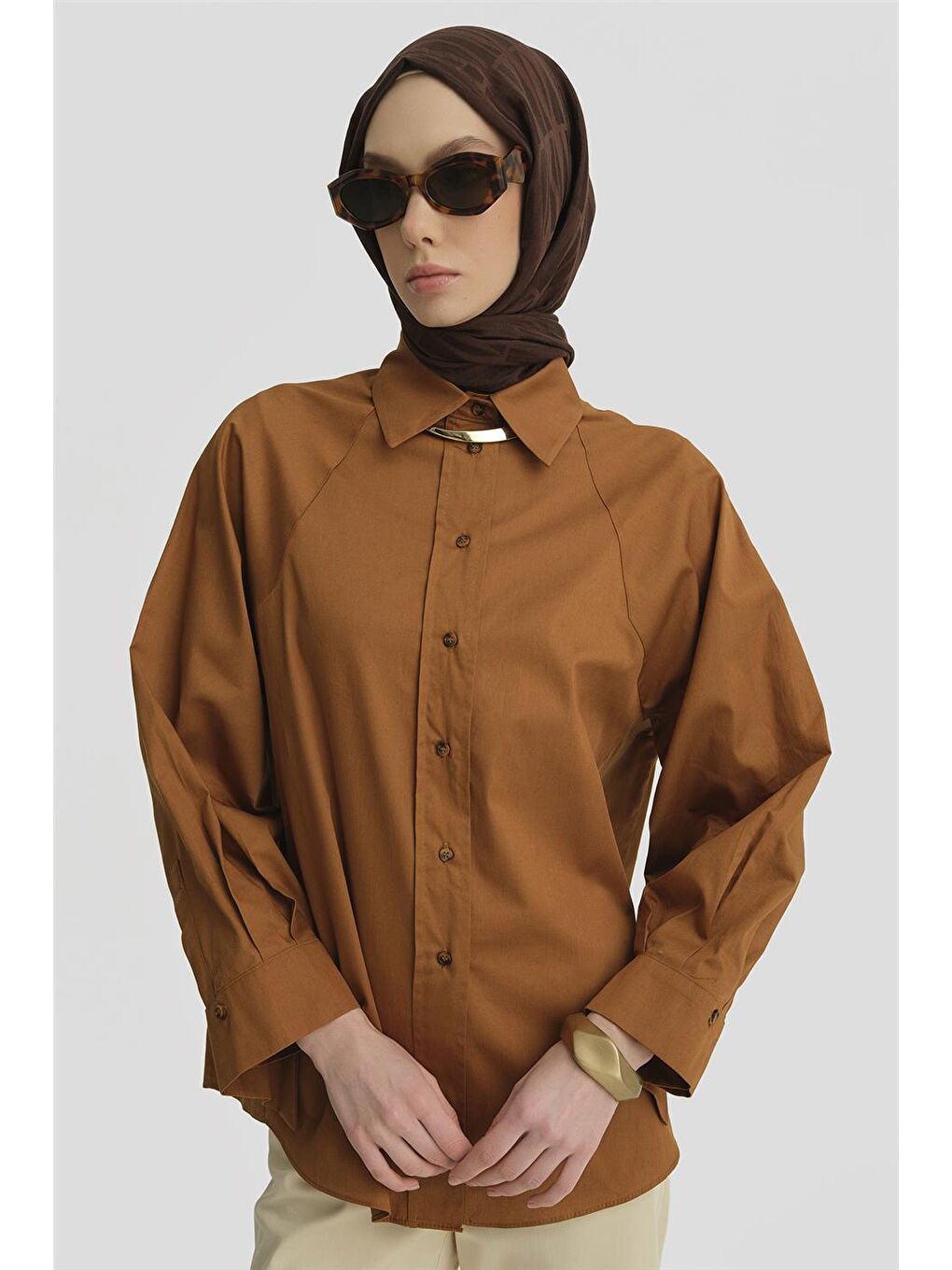 Kahverengi Kup Detaylı Pamuk Gömlek 25Y3722 Taba-3