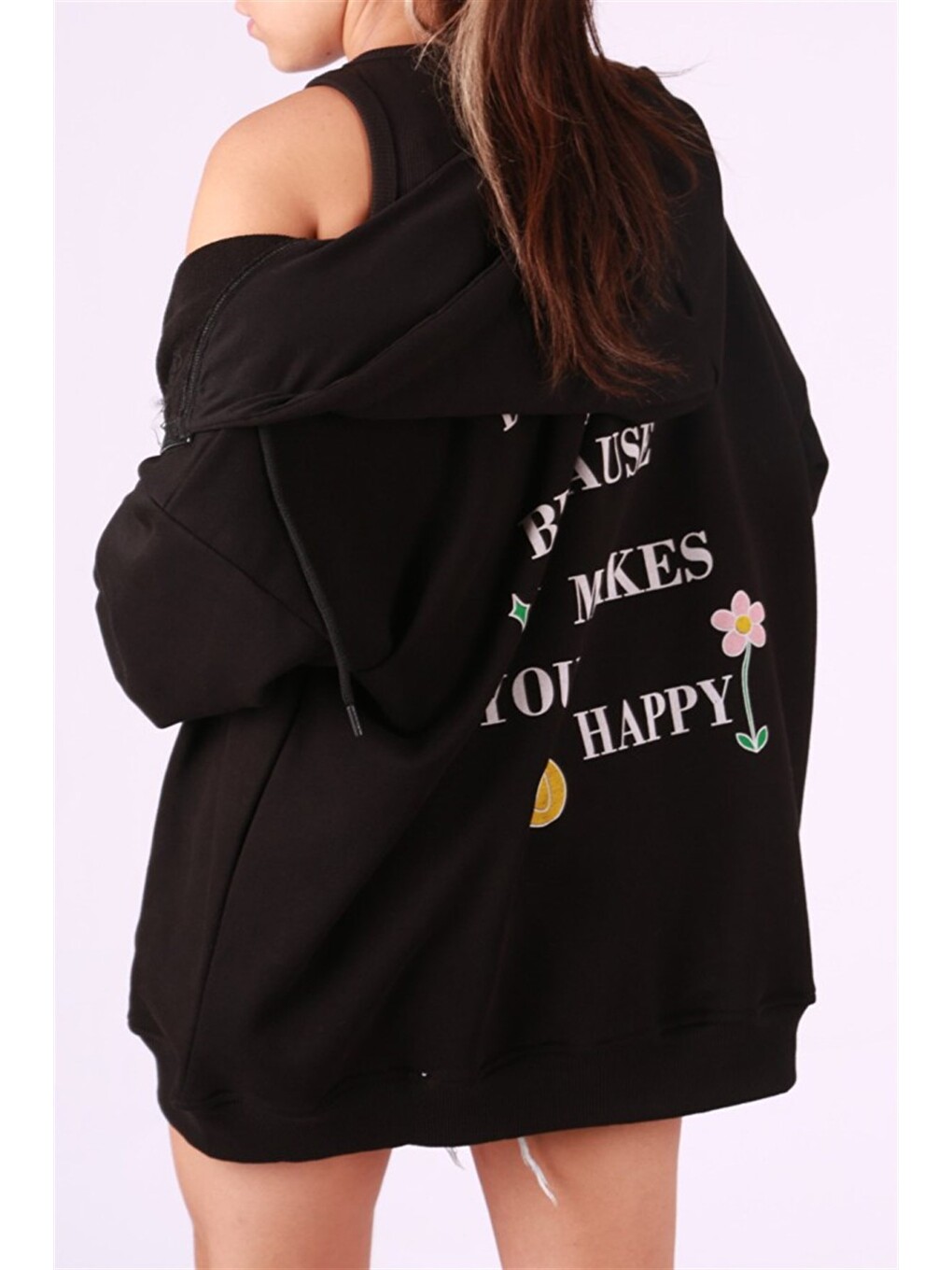 Siyah Kapüşonlu Sırt Baskılı Sweatshirt Mg1195-3