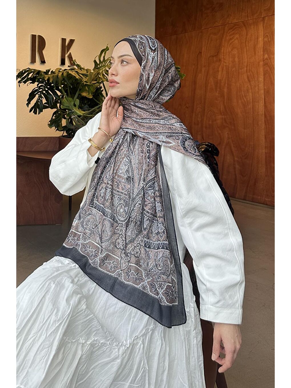 Kahverengi Retro Desen Pamuk Şal Soft Kahve-3