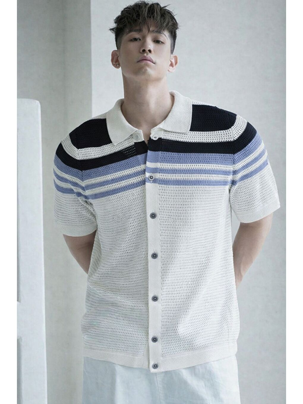 Beyaz Çizgili Erkek Triko Gömlek Yaka Hırka Yazlık Rahat Kesim-1