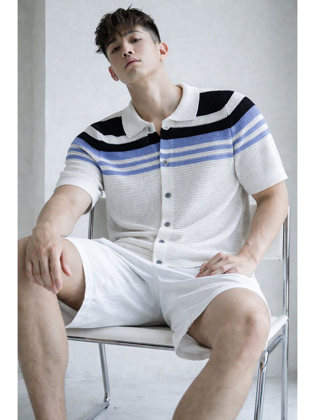 Beyaz Çizgili Erkek Triko Gömlek Yaka Hırka Yazlık Rahat Kesim-2