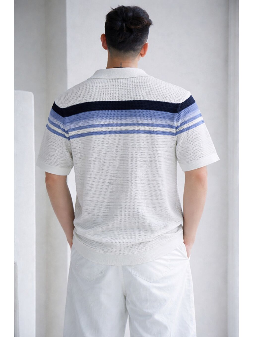 Beyaz Çizgili Erkek Triko Gömlek Yaka Hırka Yazlık Rahat Kesim-3