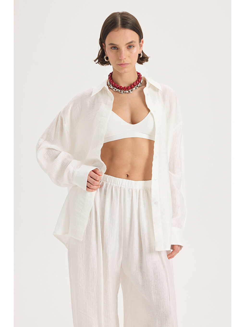 Yovena Düğme Detay Ekru Oversize Gömlek-1