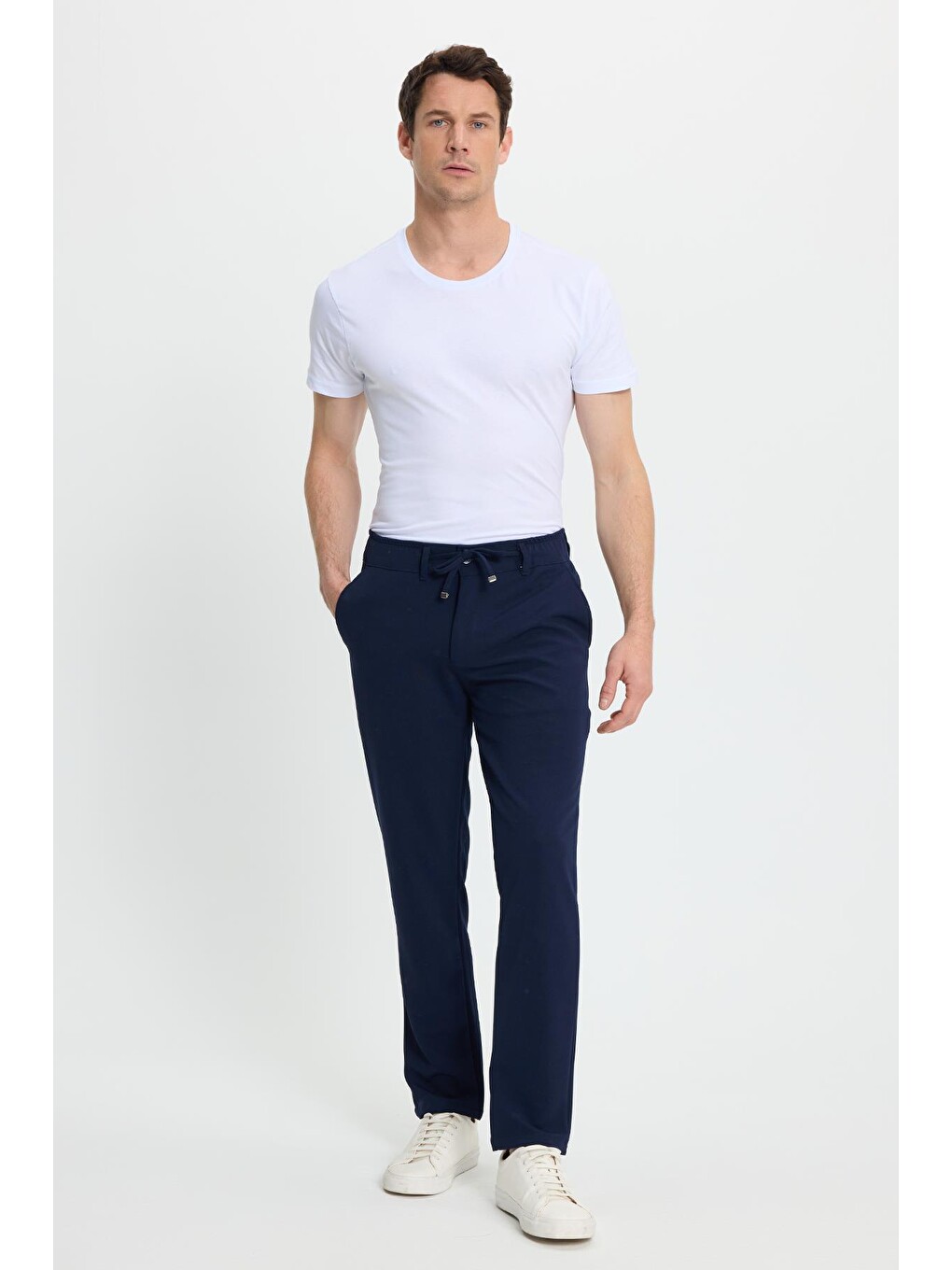 Erkek Slim Fit Dar Kesim Beli Lastikli Bağcık Detaylı Lacivert Pantolon-2