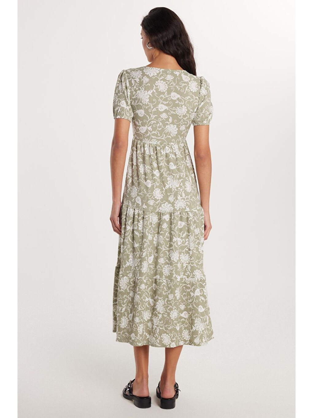 Kadın Slim Fit Dar Kesim Kısa Kollu Baskılı Gofre V Yaka Yeşil Elbise-4