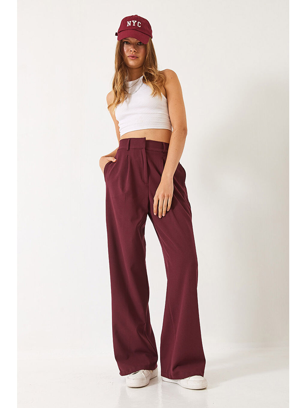 Mor Kadın Beli Lastikli Bol Paça Pantolon-1