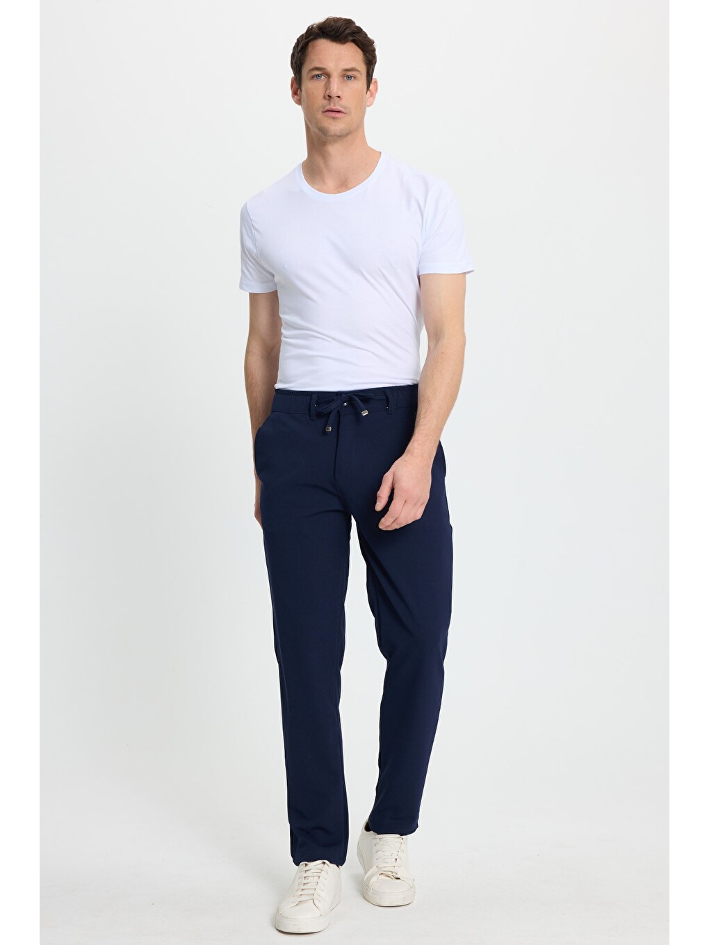Erkek Slim Fit Dar Kesim Beli Lastikli Bağcık Detaylı Lacivert Pantolon-6