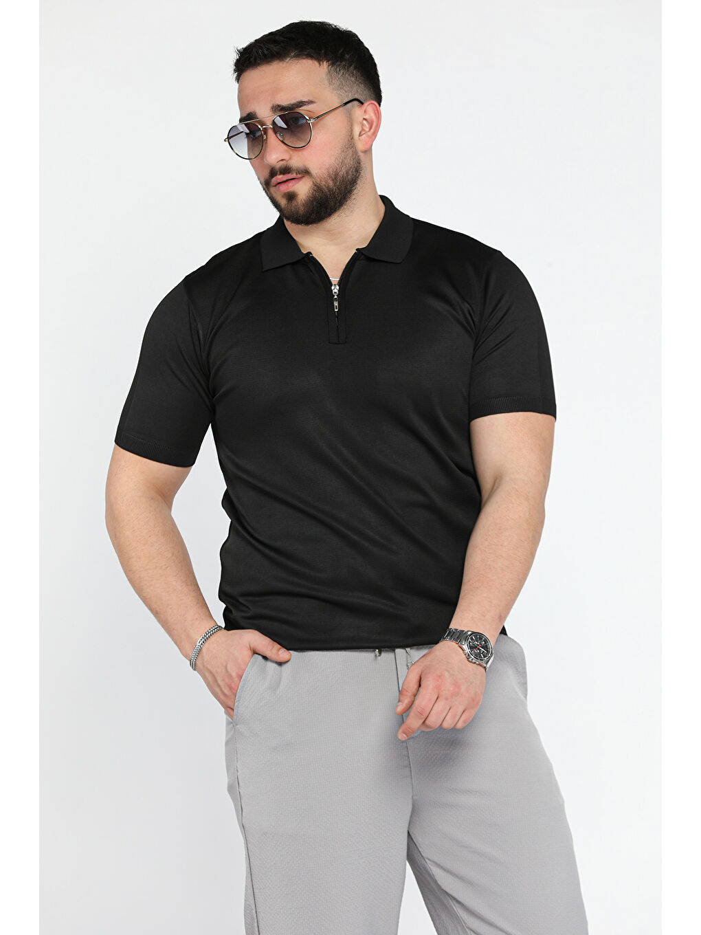 Siyah Erkek Düz Renk Yarım Fermuarlı Polo Yaka Triko Tişört