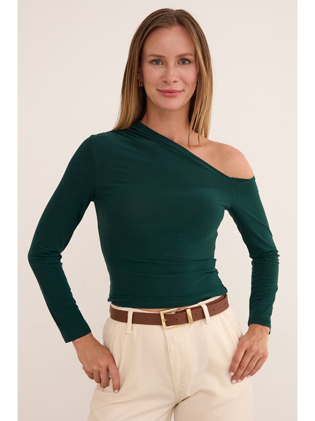 Yeşil Basic Tek Omuz Bluz-1