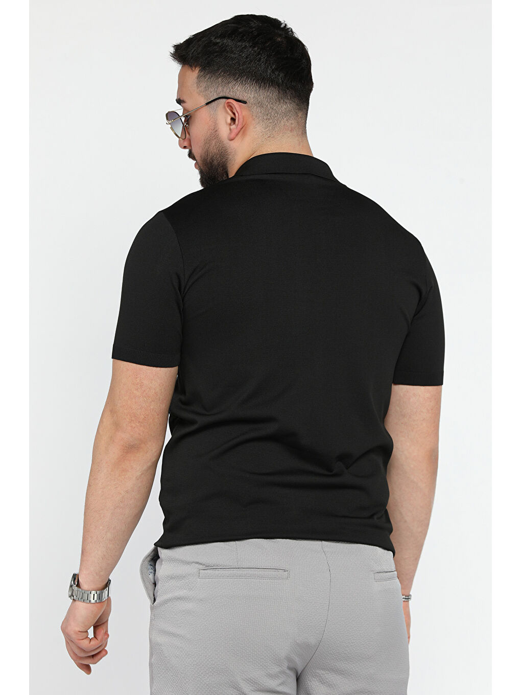 Siyah Erkek Düz Renk Yarım Fermuarlı Polo Yaka Triko Tişört-2