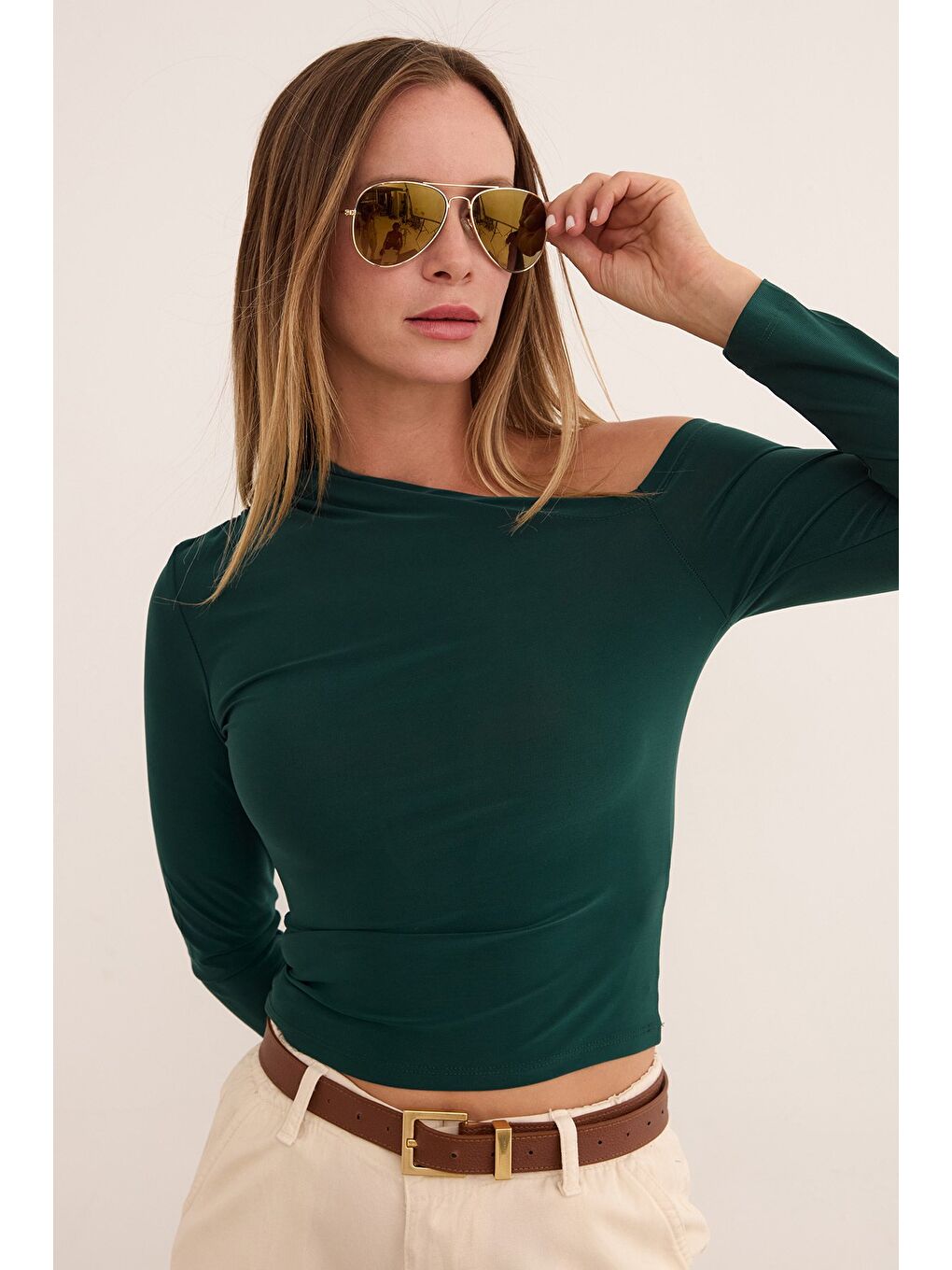 Yeşil Basic Tek Omuz Bluz-2