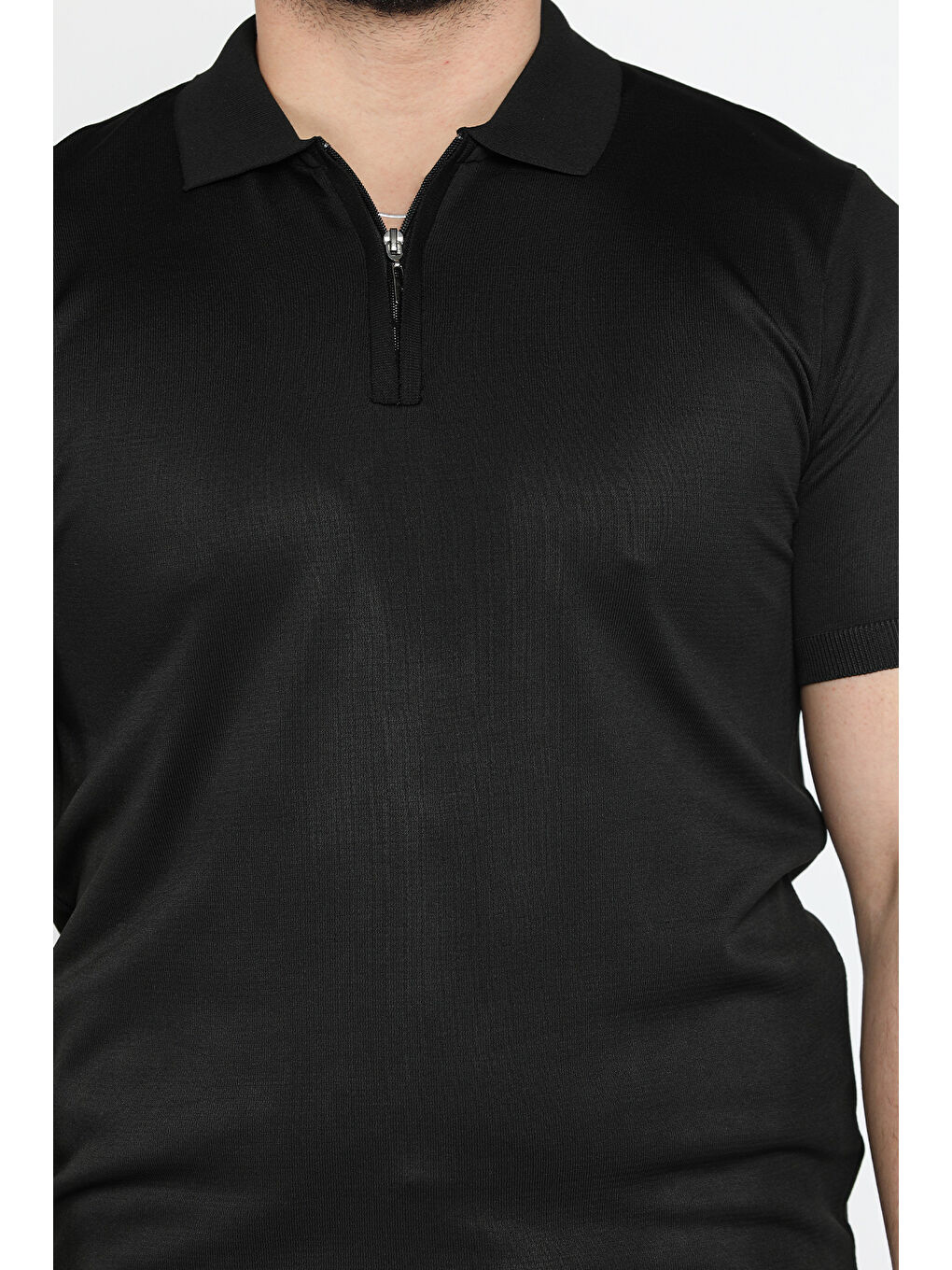 Siyah Erkek Düz Renk Yarım Fermuarlı Polo Yaka Triko Tişört-3