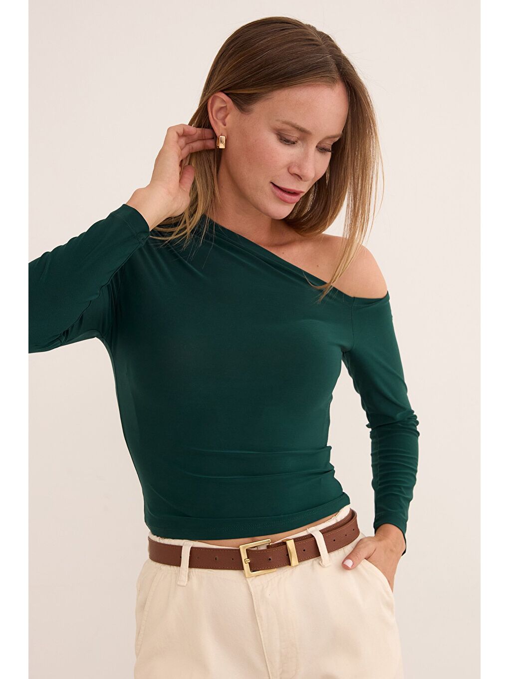 Yeşil Basic Tek Omuz Bluz-3