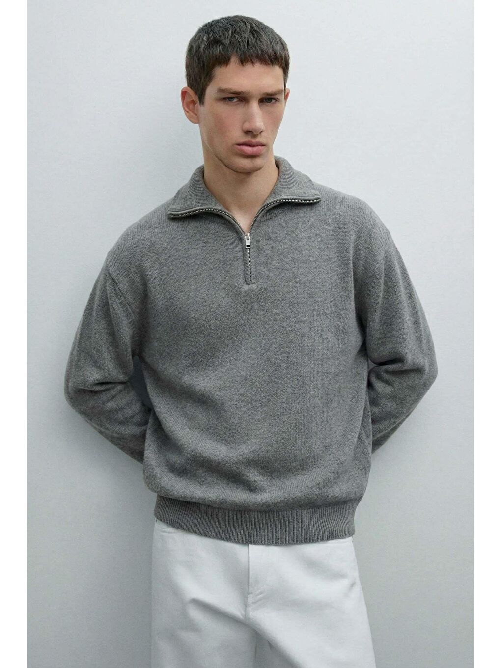 Gri Erkek Yarım Fermuarlı Premium Kumaş Oversize Kazak Füme-2