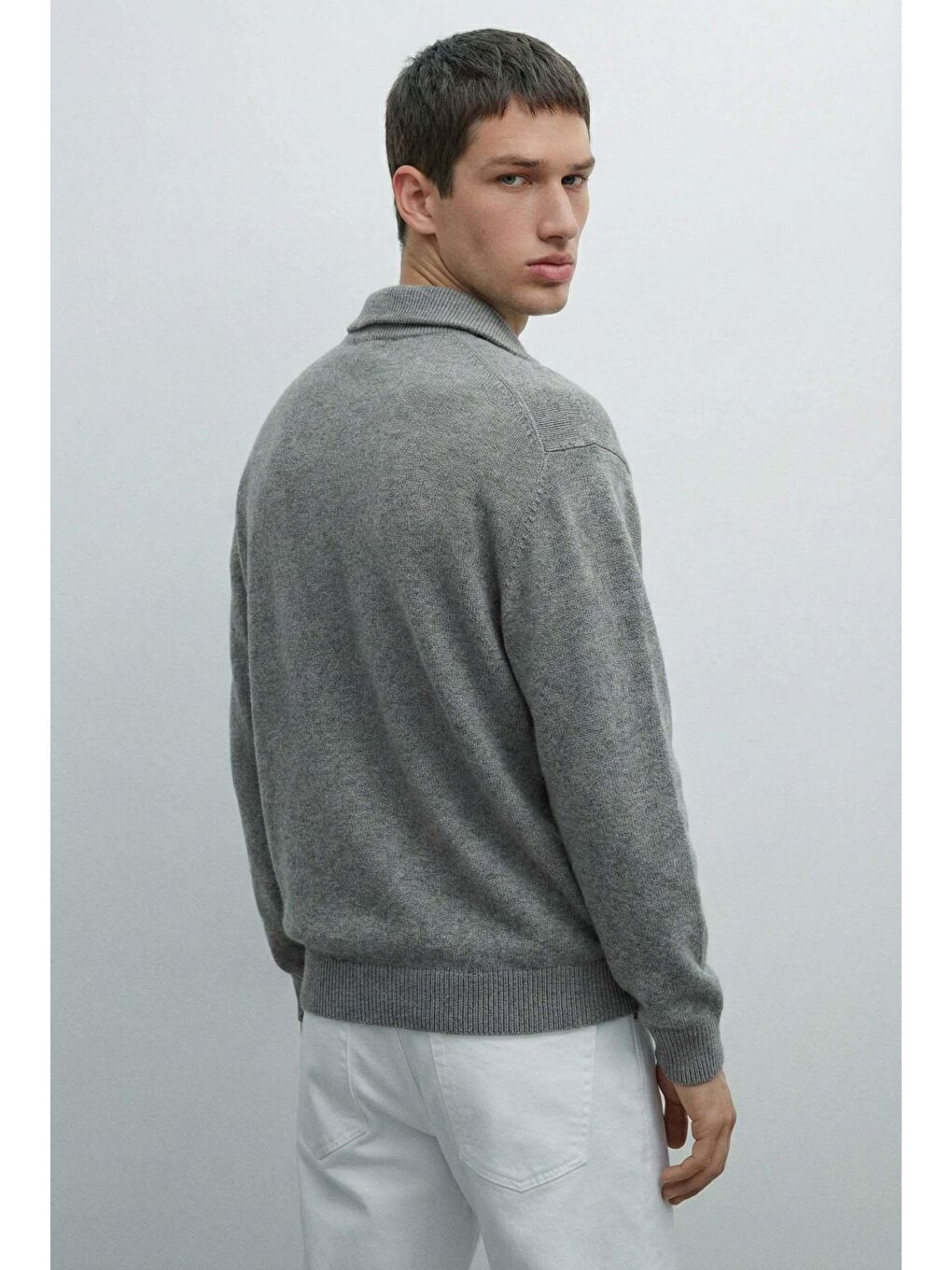 Gri Erkek Yarım Fermuarlı Premium Kumaş Oversize Kazak Füme-3