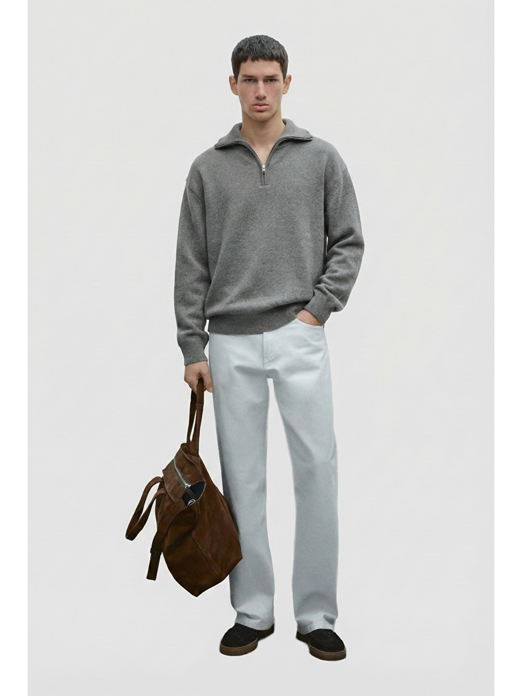 Gri Erkek Yarım Fermuarlı Premium Kumaş Oversize Kazak Füme-4